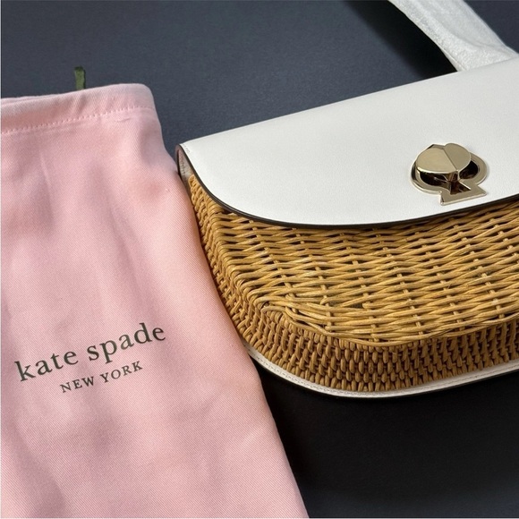 NWT Kate Spade White Tan Nicola Wicker Gold Hardware Heart Twistlock Crossbody - Picture 10 of 15